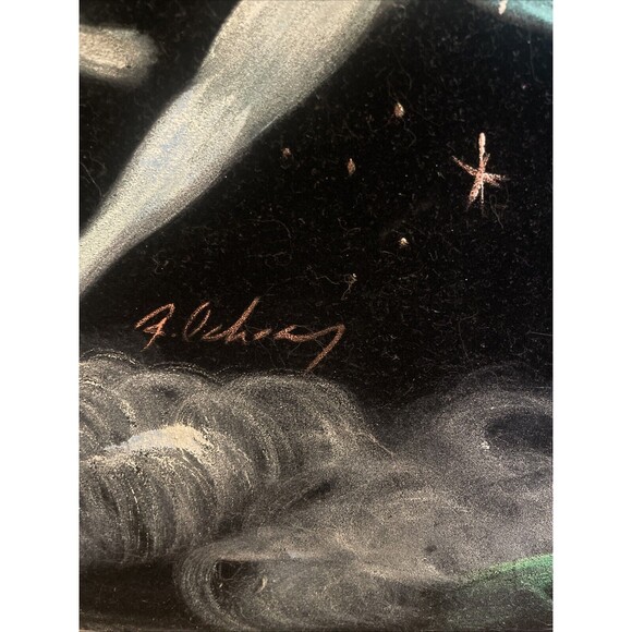 Fantasy unicorn Rainbow Velvet Painting 21 x27" Wood Frame Pegasus Signed - Picture 10 of 16